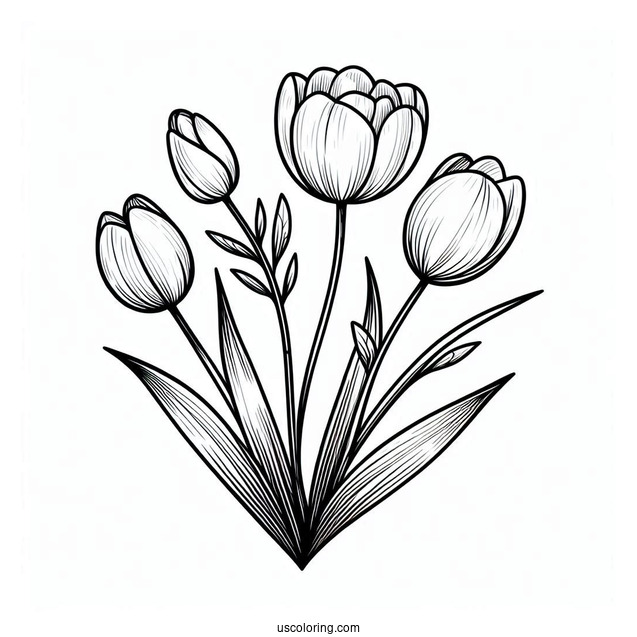 Flower Coloring Pages Of Four Blooming Tulips For Kids