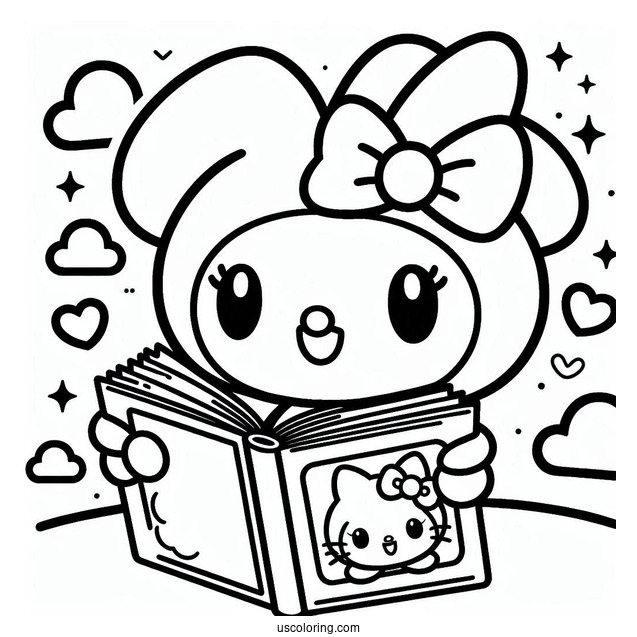 My Melody Coloring Page Reading Book With Flat And Risu