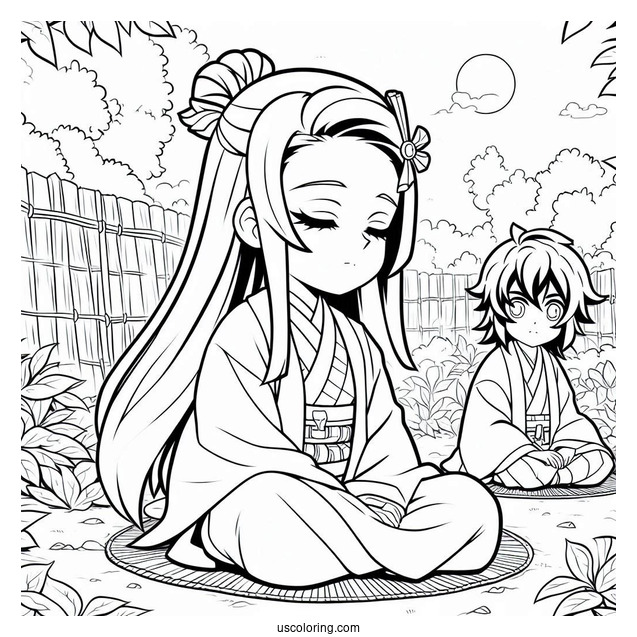 Nezuko Coloring Page Sitting Next To Inosuke In Garden
