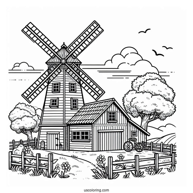 Easy Farm And Windmill To Color