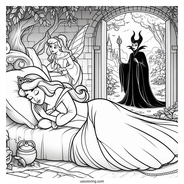 Sleeping Beauty Coloring Page Of Princess Aurora Deep Asleep Outside The Castle With Maleficent And The Fairies Watching
