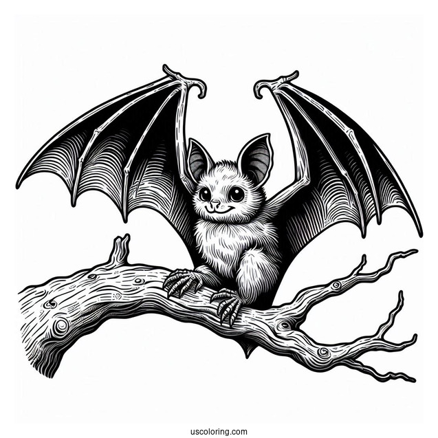 Scary Bat Coloring Page Roosting On Tree Branch