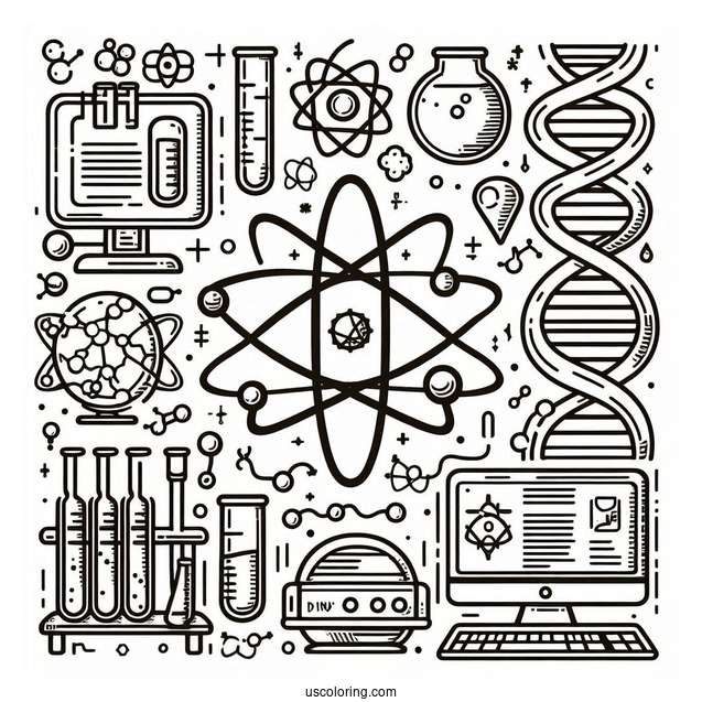 Science Coloring Page Of Full Page Scientific Symbols Atom, Beakers, Test Tubes, Computers, And DNA