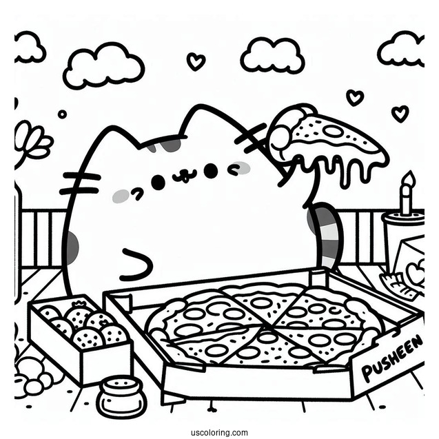 Coloring Page Of Pusheen Eating Pizza In Box