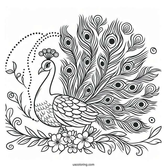 Peacock With Feathers Spread For Coloring