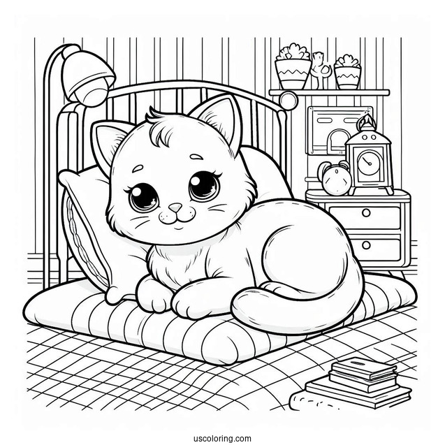 Cat Lying On Bed Coloring Sheet
