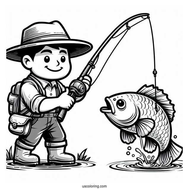 Fishing Coloring Page Of Cartoon Man Catching A Large Fish