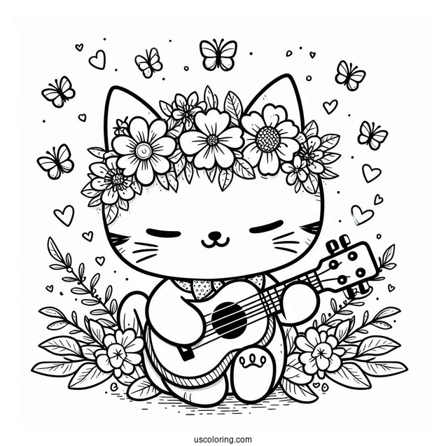 Kawaii Cat With A Flower Crown Playing The Ukelele