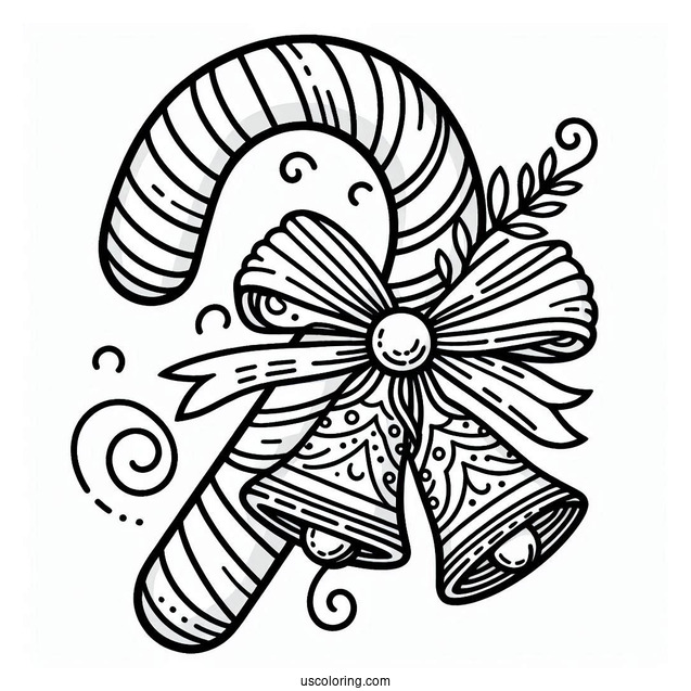 Christmas Candy Cane With Bells To Color