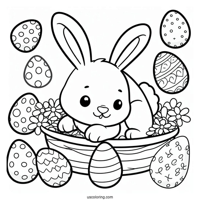 Simple Easter Bunny Coloring Page Outline With Cartoon Eggs