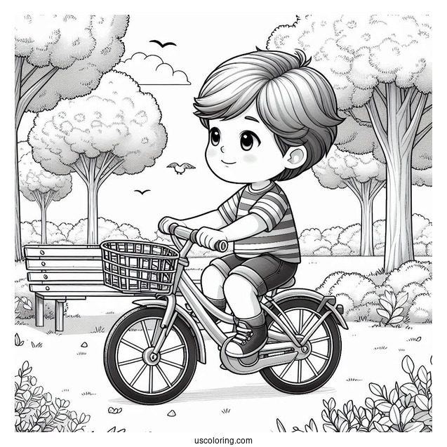 Realistic Little Boy Riding Bicycle Coloring Page In A Park