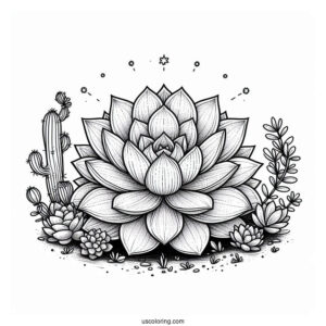Realistic Succulent Coloring Page With Cactus