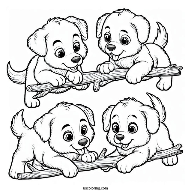 Three Dogs Playing With Large Stick