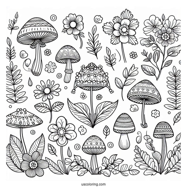 Flowers And Mushrooms Pattern Coloring Page