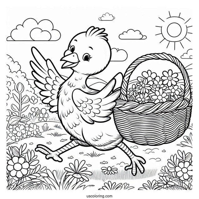 Big Bird Running In Field With Basket Coloring In For Kids