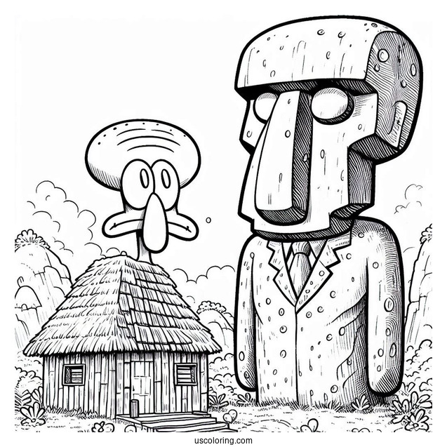 Squidward Coloring Page Standing In Front Of Moai House