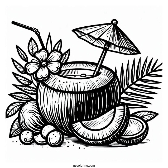 Coconut Coloring Page Piña Colada With Flower And Mini Umbrella