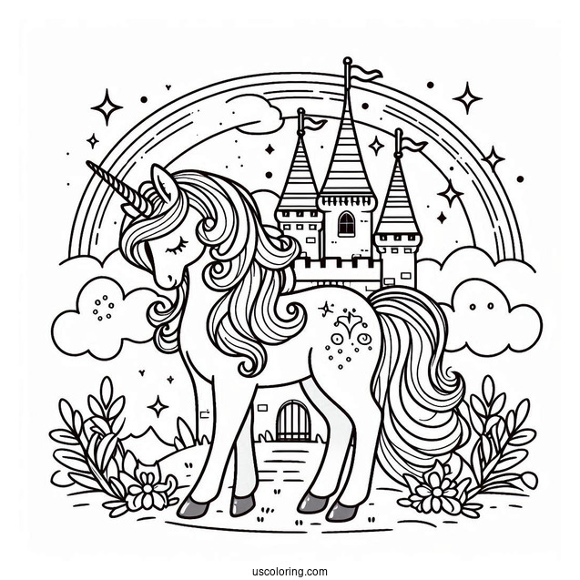 Beautiful Unicorn Standing Outside Of A Castle Coloring Page