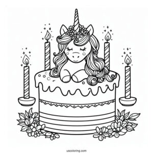 Unicorn Birthday Cake Coloring In For Kids