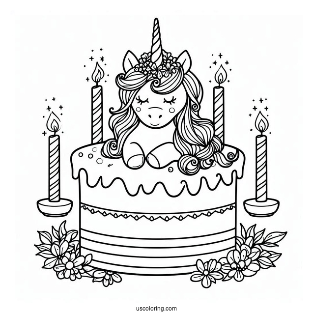 Unicorn Birthday Cake Coloring In For Kids