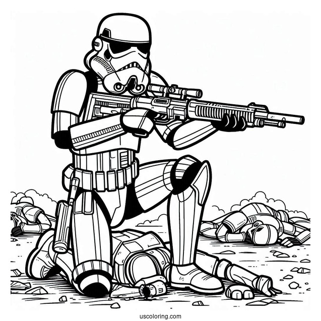 Stormtrooper Coloring Page Shooting Blaster With Fallen Comrades On The Ground