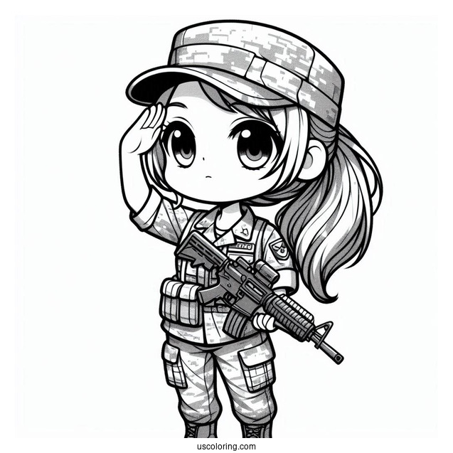 Chibi Female Soldier Coloring Page Saluting In Camouflage Uniform