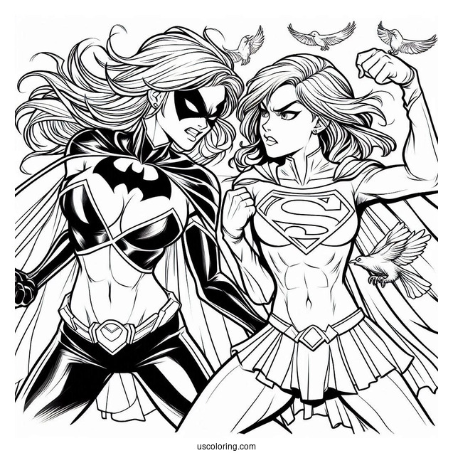 Nightwing And Supergirl Coloring Page Fighting Bad Guys