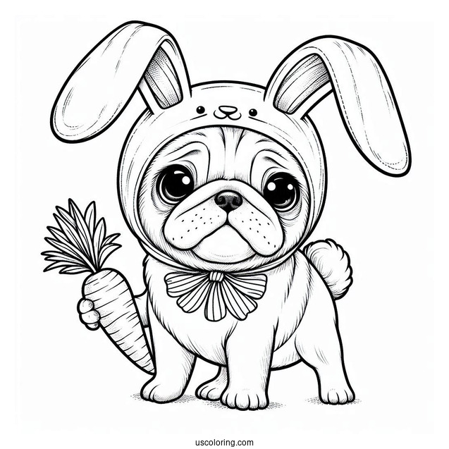 Pug Coloring Page in Bunny Costume Holding Carrot For Kids