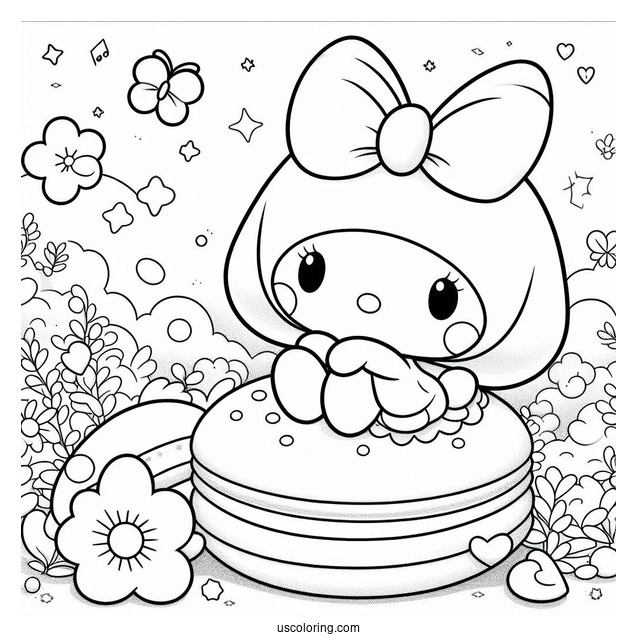 My Melody Coloring Page Sitting On Top Of Macaron