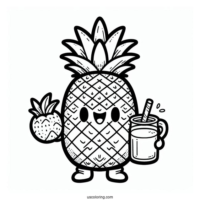 Smiling Pineapple Coloring Page Holding Milk Tea For Kids