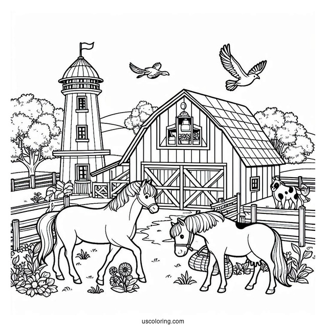 Farm With Horses And Cows To Color