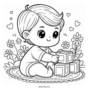 Cute Baby Coloring Page Playing With Blocks For Kids