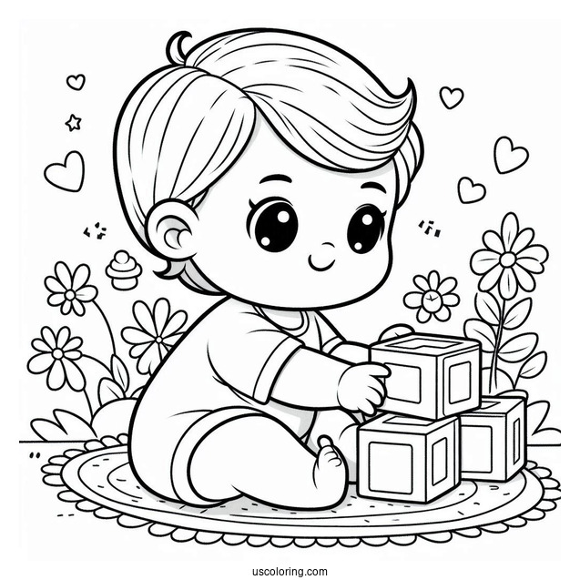 Cute Baby Coloring Page Playing With Blocks For Kids