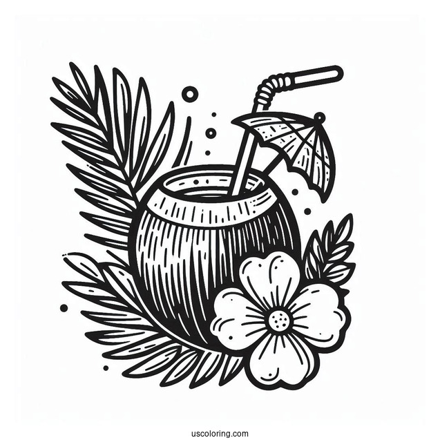 Summer Coloring Page Of Easy Coconut Drink With A Flower For Kids