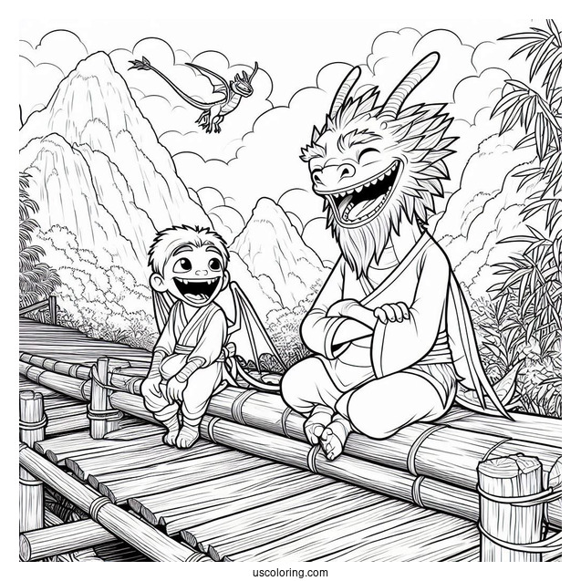 Raya And The Last Dragon Coloring Page Of Ongis Dyan, Pan, and Uka Laughing On Bamboo Bridge