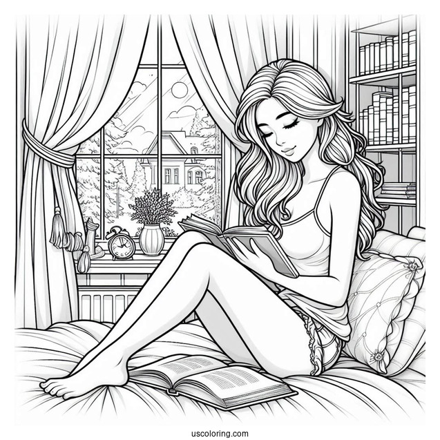 Woman Reading On A Window Bay With Laptops And Books Bedroom Coloring Page