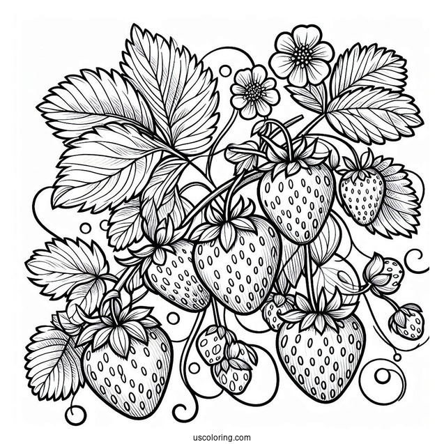 Large Cute Strawberry Coloring Page On A Vine