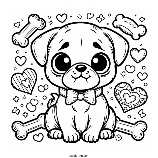 Coloring Page Of Baby Pug With Bones And Hearts