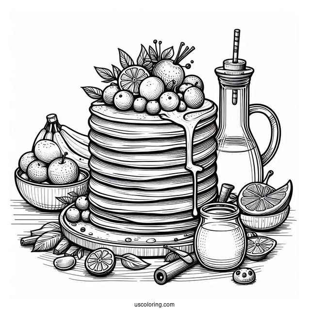 Pancake Coloring Page Towers With Fruits And Syrup