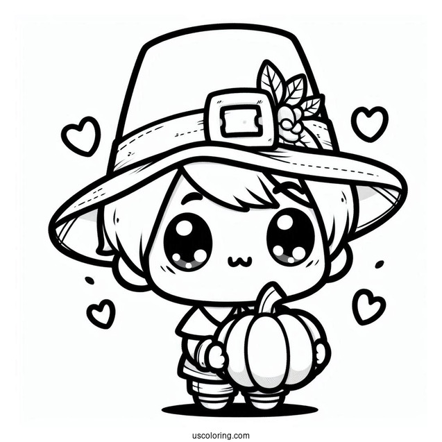Kawaii Chibi Boy Pilgrim Coloring Page Holding A Pumpkin For Kids