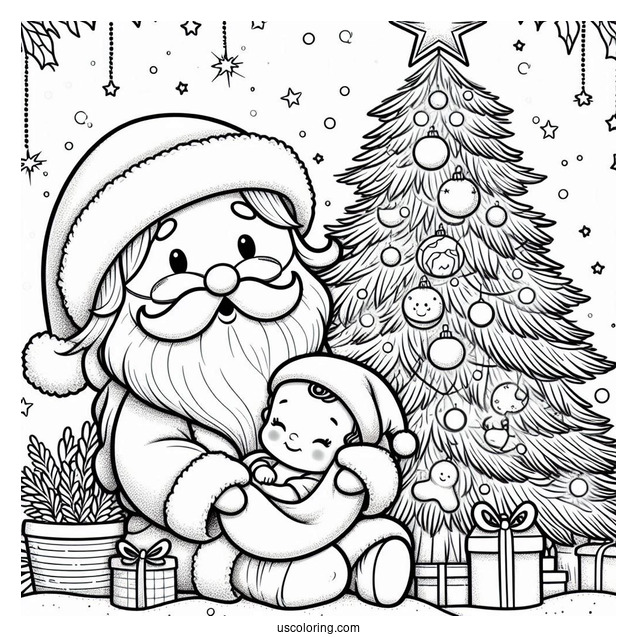Cute Santa With Baby Jesus And Christmas Tree