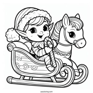 Cute Elf Riding Candy Cane Sleigh