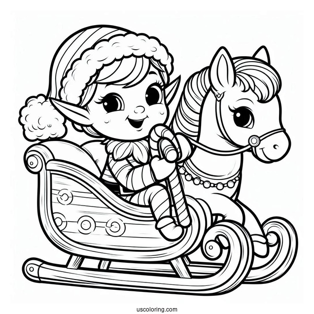Cute Elf Riding Candy Cane Sleigh
