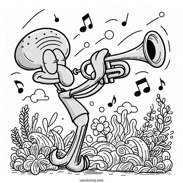 Squidward Coloring Page Playing Trumpet