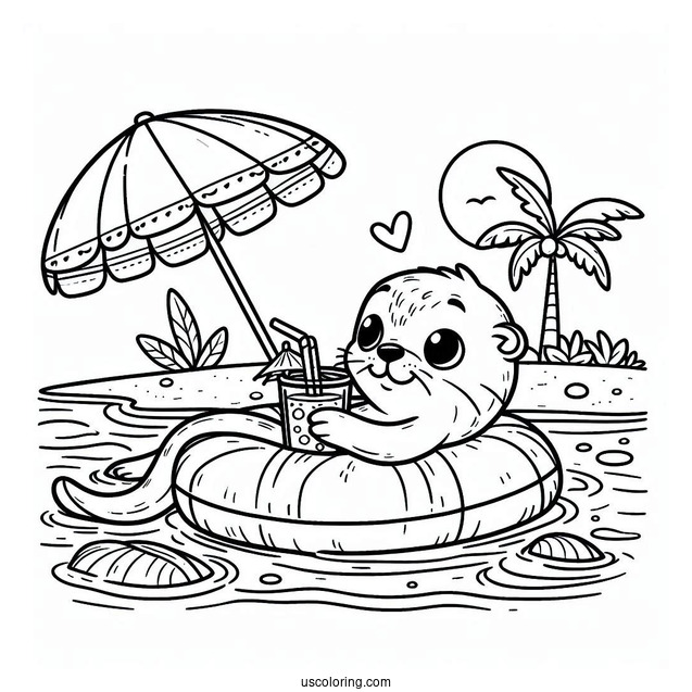 Cute Otter Coloring Page In Floater Drinking Iced Tea At Beach