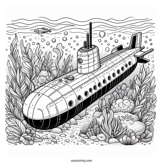 Top View Of Detailed Submarine Coloring Page