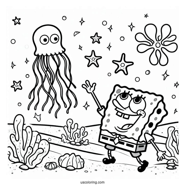 Patrik Catching Jellyfish Coloring Page For Kids