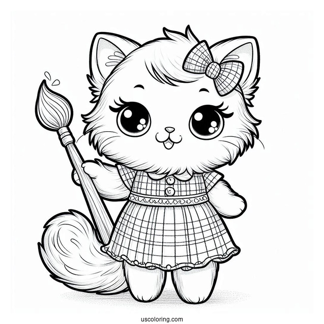 Cute Coloring Page Furry Cat Holding A Paintbrush And Wearing A Plaid Dress