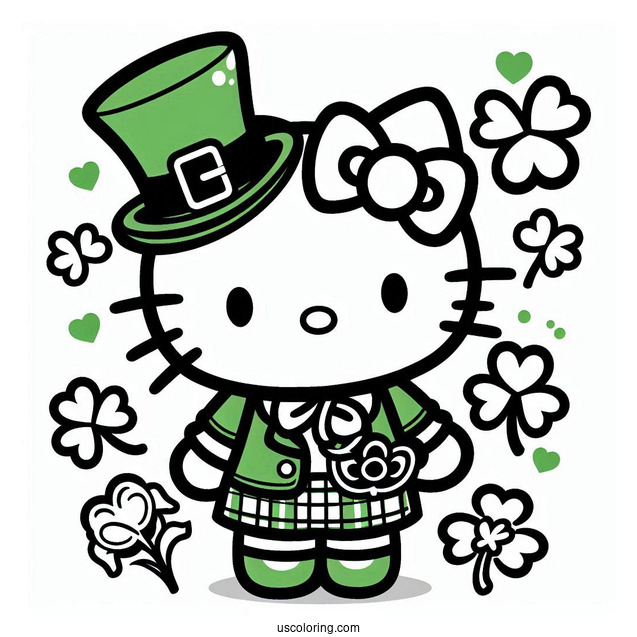 St. Patrick's Day Coloring Page Of Cute Hello Kitty Dressed As A Leprechaun With A Shamrock For Preschoolers