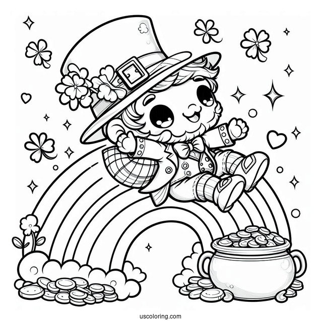 St. Patrick's Day Coloring Page Of Chibi Leprechaun Sliding Down A Rainbow To A Pot Of Gold